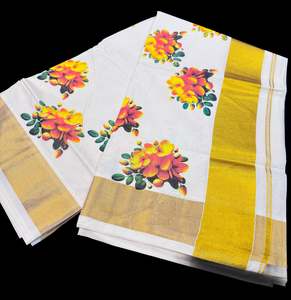 KERALA KASAVU COTTON SAREE WITH BEAUTIFUL FLORAL PRINT