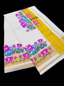 KERALA KASAVU COTTON SAREE WITH BEAUTIFUL Lotus PRINT