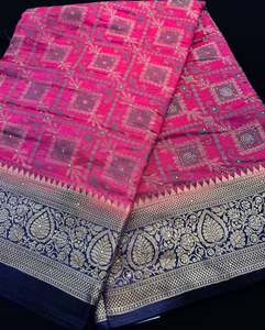 Saree 1: Pink & Nevi Blue color Beautiful brocade art silk Saree with stone work
