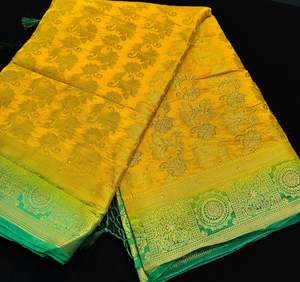 Saree 1: Mustard & Blue Color Beautiful Brocade Art Silk Saree With Stone Work