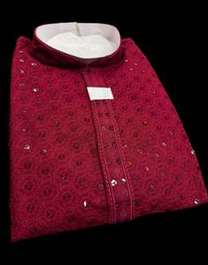 Guru Shirts Or Kurta: Maroon color rayon based Chikankari with sequinned work Men’s short length kurti (31 inches - 36 inches)according to sizes, Short sleeves