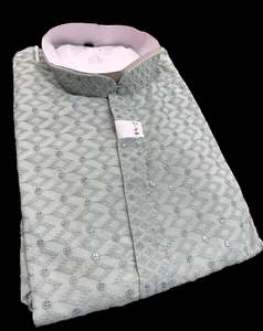 Guru Shirts Or Kurta: Dusky Mint color rayon based Chikankari with sequinned work Men’s short length kurti (31 inches - 36 inches)according to sizes short sleeves