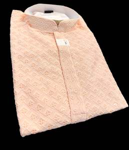 Guru Shirts Or Kurta: Pastel Peach color rayon based Chikankari with sequinned work Men’s short length kurti (31 inches - 36 inches)according to sizes , long sleeves