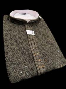 Guru Shirts Or Kurta: Deep Green black color rayon based Chikankari with sequinned work Men’s short length kurti (31 inches - 36 inches)according to sizes long sleeves