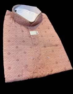 Guru Shirts Or Kurta: Dusky Rosegold color rayon based Chikankari with sequinned work Men’s short length kurti (31 inches - 36 inches)according to sizes and short sleeves (11-12 inches)