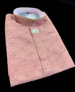Guru Shirts Or Kurta: Dusky Rose gold color rayon based Chikankari with sequinned work Men’s short length kurti (31 inches - 36 inches)according to sizes and short sleeves (11-12 inches)