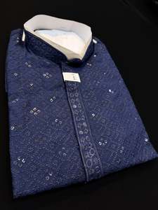 Guru Shirts Or Kurta: Navy Blue color rayon based Chikankari with sequinned work Men’s short length kurti (31 inches - 36 inches)according to sizes and short sleeves (11-12 inches)