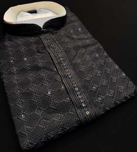 Guru Shirts Or Kurta: Black color rayon based Chikankari with sequinned work Men’s short length kurti (31 inches - 36 inches)according to sizes