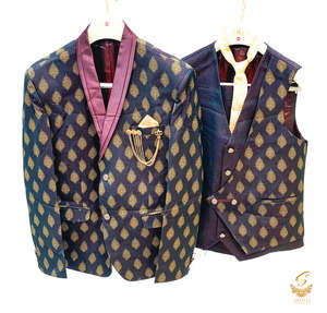 Mens Suit: Dark Wine colour brocade print designer jodhpuri suit