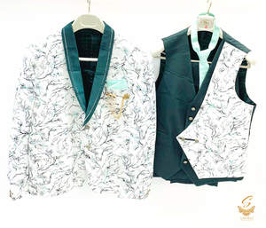 Mens Suit: White and deep forest green colour Printed Tuxedo 4 piece suit