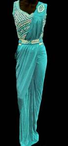 Teal color Size 40 (Upto 42) hand work designer readymade blouse with Readymade Saree