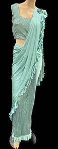 Readymade Sarees 1: Turquoise color Size 40 (Upto 42) Sequinned work designer readymade blouse with Readymade Saree