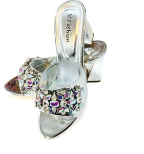 Womens Fancy Jutti Back Open Jutti: Crystal stone beaded shiny golden Heels