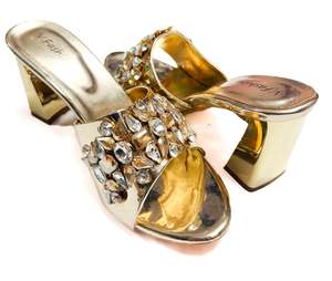Womens Fancy Jutti Back Open Jutti: Crystal stone beaded shiny golden Heels