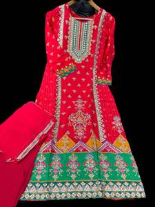 (Video Clip attached)Red color hand embroidery work design soft crepe Silk based&hellip;