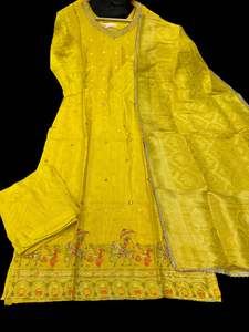 (Video Clip attached )Yellow color embroidery & pearl work on neck & kameez bord&hellip;