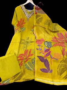 Stitched Punjabi Suits: (Video Clip attached)Mustard color hand embroidery & stones work on neck design very very soft floral print crepe Silk based beautiful kameez & Plazo pants with beautiful Silk print work soft Dupatta