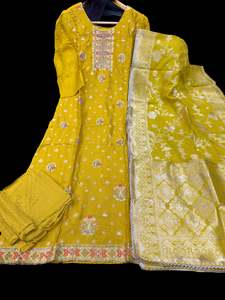 (Video Clip attached) Yellow color hand embroidery & stones work on neck design &hellip;