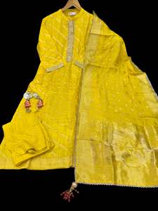 Stitched Punjabi Suits: (Video Clip attached )Yellow color embroidery & pearl work on neck design very soft dola Silk based beautiful kameez & Plazo pants with beautiful Dola silk Dupatta with zari work