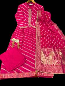Stitched Punjabi Suits: (Video Clip attached )Hot Pink color embroidery & pearl work on neck design very soft dola Silk based beautiful kameez & Plazo pants with beautiful Dola silk Dupatta with zari work