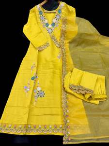 Stitched Punjabi Suits: (Video Clip attached )Yellow color hand embroidery & mirror work very very soft dola Silk based beautiful kameez & Plazo pants with beautiful organza Dupatta with embroidery work dupatta