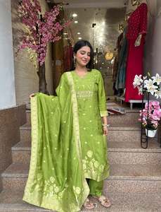 Stitched Punjabi Suits: (Video Clip attached )Lime Green & Hot Pink color embroidery & stones work on neck design soft Dola Silk based beautiful kameez & Plazo pants with beautiful soft Dola silk Dupatta