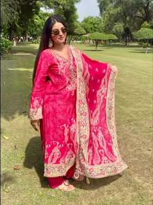 Stitched Punjabi Suits: (Video Clip attached )plus size Hot Pink color embroidery & stones work on neck design soft Dola Silk based beautiful kameez & Plazo pants with beautiful soft Dola silk Floral Dupatta
