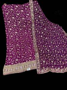 Unstitch Suits Fabrics: (video clip attached)Purple Wine pure chinnon based embroidery work with handwork kameez with plain silk bottom fabric (2.75 mtrs) and chiffon based heavy hand work dupatta
