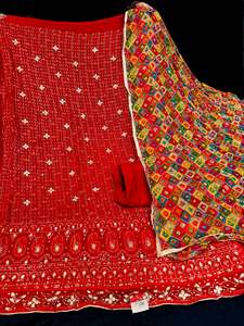Unstitch Suits Fabrics: (video clip attached)Red color pure chinnon based embroidery work with handwork kameez with plain silk bottom fabric (2.75 mtrs) and chiffon based heavy hand work dupatta