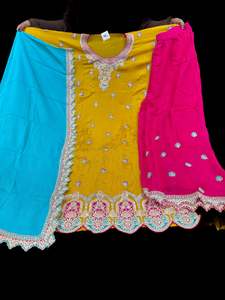 Unstitch Suits Fabrics: Chinnon based unstitched kameez fabric with embroidery work and stitched Plazo pants with chinnon embroidery work dupatta