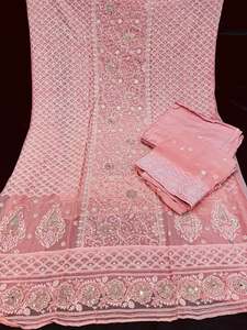 Peach color soft chiffon based beautiful lakhnavi embroidery work on all over ka&hellip;