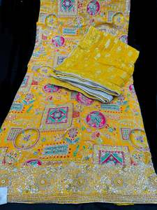Unstitch Suits Fabrics: Mustard color soft chiffon based beautiful sequined embroidery kameez with pure rayon bottom fabric (2.75 mtrs ) with beautiful georgette based heavy hand work Dupatta