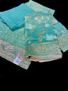 Unstitch Suits Fabrics: (Video clip attached )Mint color soft tissue silk based beautiful zari work handwork kameez with pure crepe silk bottom fabric (2.75 mtrs ) with beautiful soft silk based Banarasi heavy work dupatta