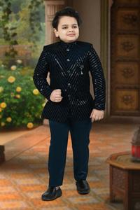 Boys Suits: Dark Peacock Blue Color Velvet based sequenced work Kids Fancy coat / Jodhpuri Suits with Pants