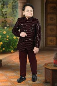 Dark Maroon Color Velvet based sequenced work Kids Fancy coat / Jodhpuri Suits with Pants