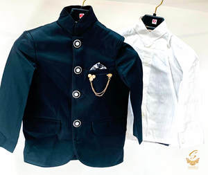 Boys Suits: Black Colour 3 Piece Nehru Suit With White Shirt & Dark Green Pent