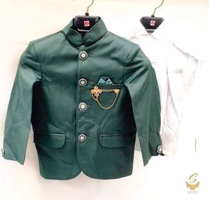 Dark Green Colour 3 Piece Nehru Suit With White Shirt & Dark Green Pent