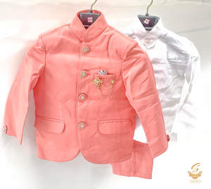 Boys Suits: Peach Colour 3 Piece Nehru Suit With White Shirt & Blue Pent