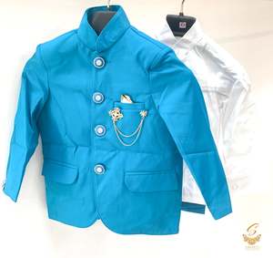 Blue colour 3 Piece Nehru Suit With white shirt & Blue Pent