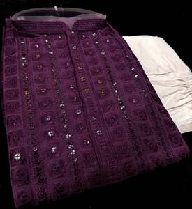 Mens Kurta Pajama: Pure Rayon Based Beautiful heavy Embroidery Work At Front And Back With Sequins Work Designer Kurta & White Pants