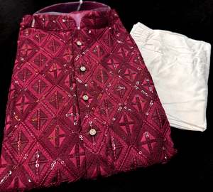 Mens Kurta Pajama: Pure Rayon Based Beautiful heavy Embroidery Work At Front And Back With Sequins Work Designer Kurta & White Pants