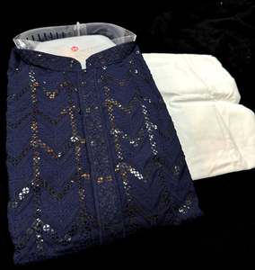 Mens Kurta Pajama: Pure Rayon Based Beautiful heavy Embroidery Work At Front And Back With Sequins Work Designer Kurta & White Pants