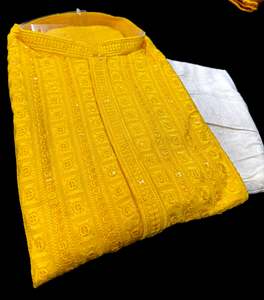 Mens Kurta Pajama: Pure Rayon Based Beautiful heavy Embroidery Work At Front And Back With Sequins Work Designer Kurta & White Pants