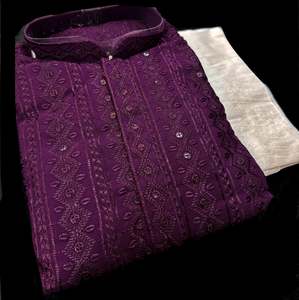 Mens Kurta Pajama: Pure Rayon Based Beautiful fine Embroidery Work At Front And Back With Sequins Work Designer Kurta & cream Pajama