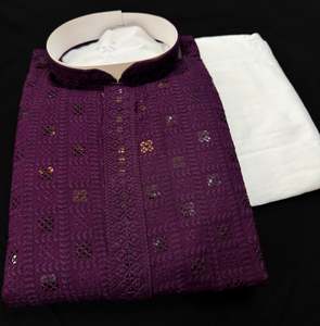 Mens Kurta Pajama: Pure Rayon Based Beautiful Embroidery Work At Front And Back With Sequins Work Designer Kurta & cream Pajama