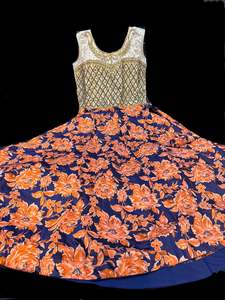 Stonework with Blue & Orange colour beautiful brocade silk print gown