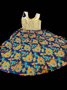 Stonework with Blue, Orange & Teal colour beautiful brocade silk print gown
