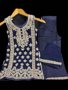 Girls Punjabi Suits Sharara Suits: (Video clip attached) Navy Blue color Pure and soft georgette based mirrors & stone work with embroidery work kameez with plazo pants & dupatta girls dupatta