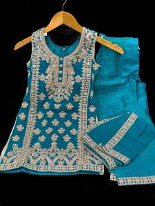 Girls Punjabi Suits Sharara Suits: (Video clip attached)Teal color Pure and soft georgette based mirrors & stone work with embroidery work kameez with plazo pants & dupatta girls dupatta