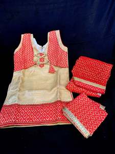 Red and golden colour cotton silk brocade design kids punjabi suit